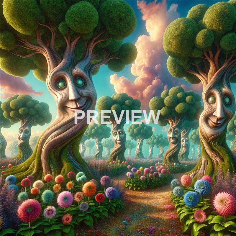 A whimsical forest scene featuring anthropomorphic trees with smiling faces, glowing eyes, and vibrant, colorful flowers on the ground under a bright sky with fluffy clouds.